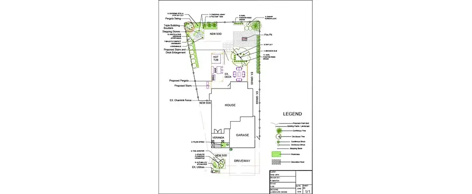A detailed 2D residential landscape design plan featuring a backyard layout with a hot tub, fire pit, pergola, and new sod areas.