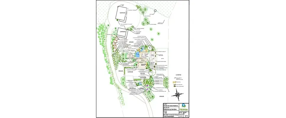 A full-scale landscape blueprint showing multiple garage structures, expansive lawn areas, and intricate garden bordering for a large estate.
