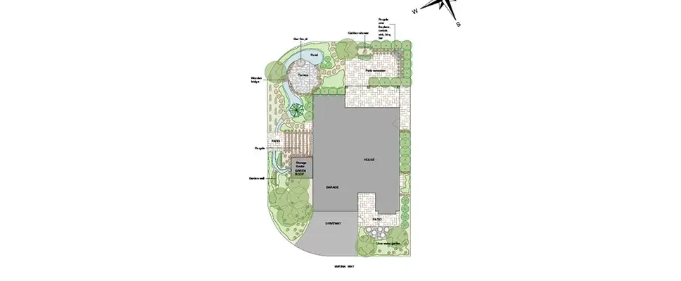 A 2D landscape site plan featuring a terrace with a gas fire pit, wooden bridge over a pond, and a patio extension with an outdoor shower.