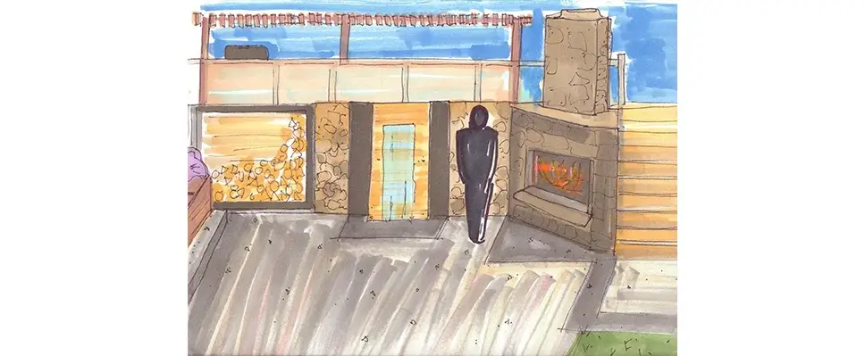 Hand-drawn sketch of an outdoor patio with a pergola, fireplace, and abstract art.