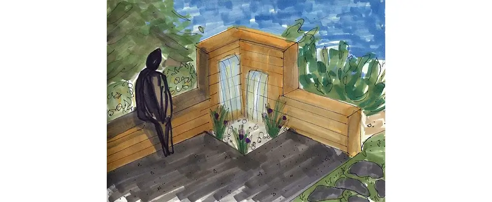 An architectural landscape sketch of a modern wood-framed waterfall with purple plants, white stones, and a person sitting on a bench.