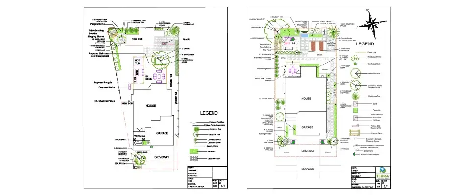 Two side-by-side 2D residential landscape design blueprints showing house layouts, plant legends, and garden features.