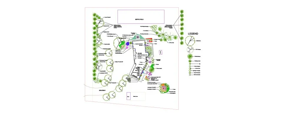 A detailed 2D overhead landscape design plan for a residential property, including a house, garage, septic field, and labeled plant legend.