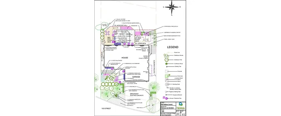 A detailed architectural landscape site plan for a residence featuring a new deck, patio, driveway, and specific planting legends.