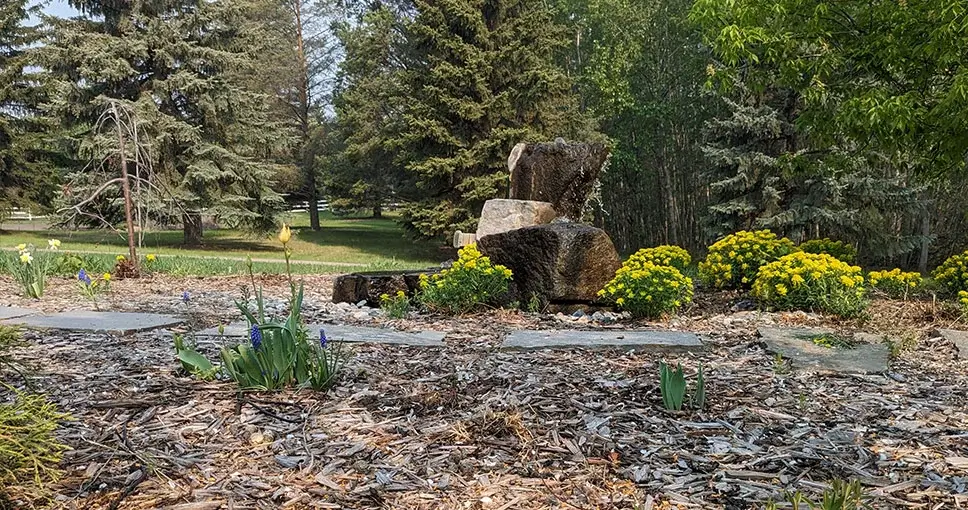 Stone water feature with yellow flowers in a garden.