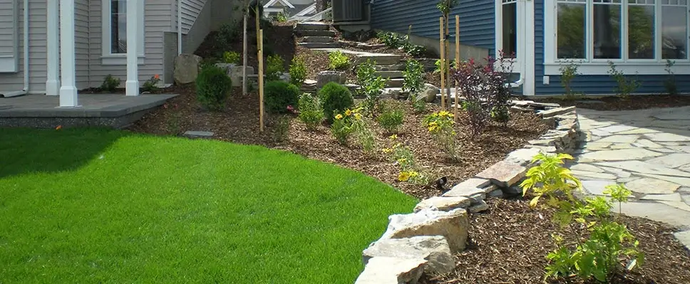 A professional sloped backyard landscape featuring a natural flagstone walkway, stone retaining walls, and mulched garden beds with green shrubs in Edmonton.