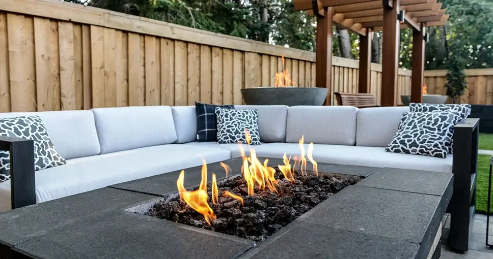 Modern outdoor lounge with fire pit