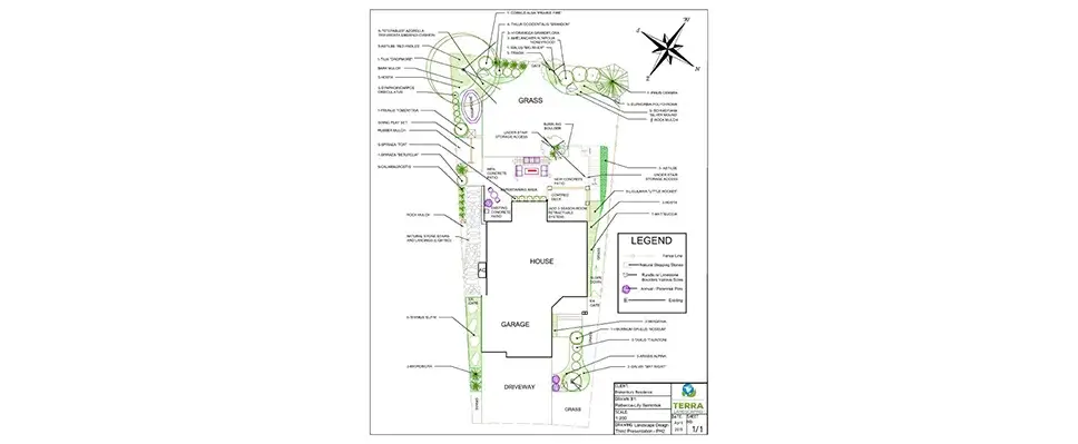 A detailed 2D landscape design plan for a residence featuring a concrete patio, bubbling boulder, and specific planting legends.