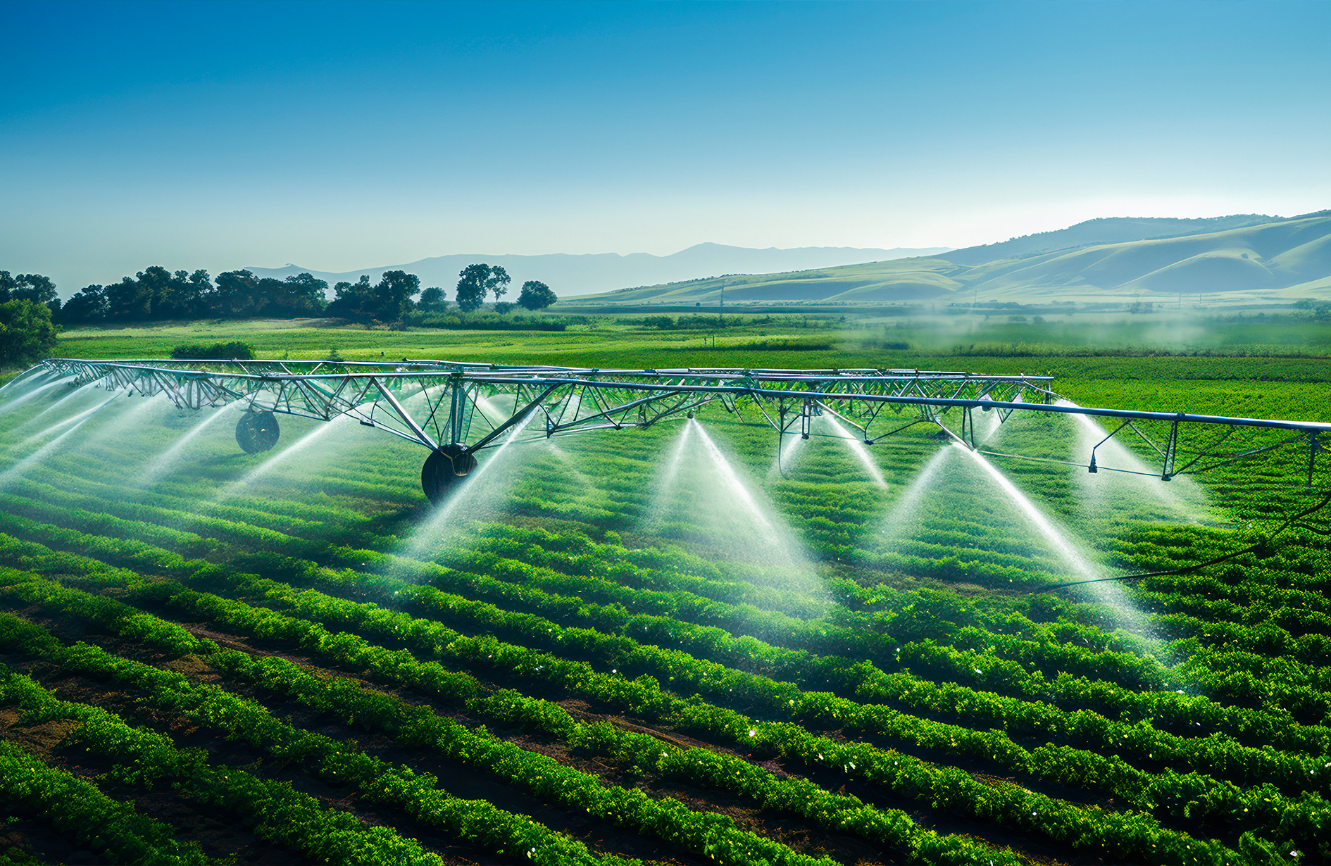 Modern irrigation systems in Edmonton watering green farmland with center pivot sprinklers