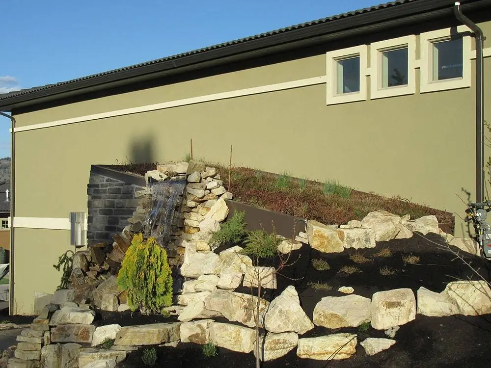 Eco-friendly landscaping in Edmonton with sloped green roof, rock waterfall feature, concrete wall, and garden plants.
