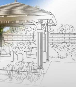 Blueprint sketch of pergola patio design with furniture and plants for Edmonton landscapes by Terra Landscaping.