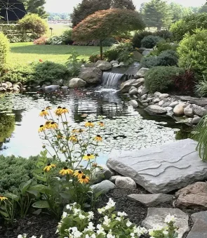 backyard pond with waterfall and lush garden by Landscaping in Edmonton