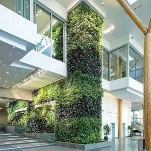 office space with lush vertical gardens, wood beams, & glass walls — showcasing modern biophilic landscape design.