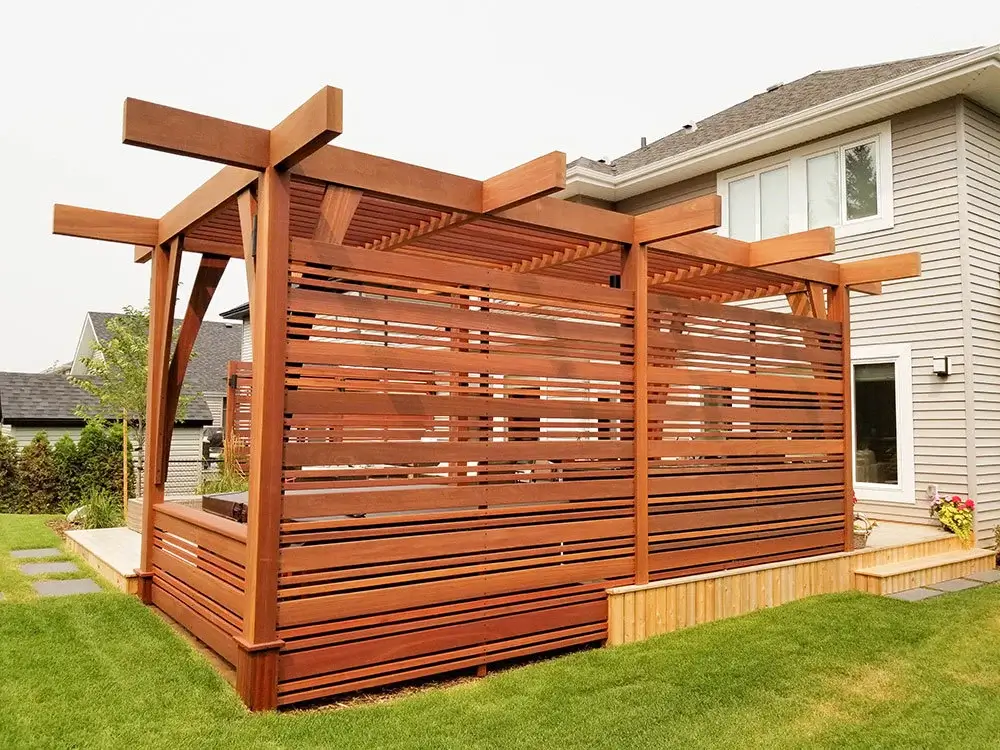 Modern wooden pergola with slatted landscaping design, elevated platform, & lawn care.