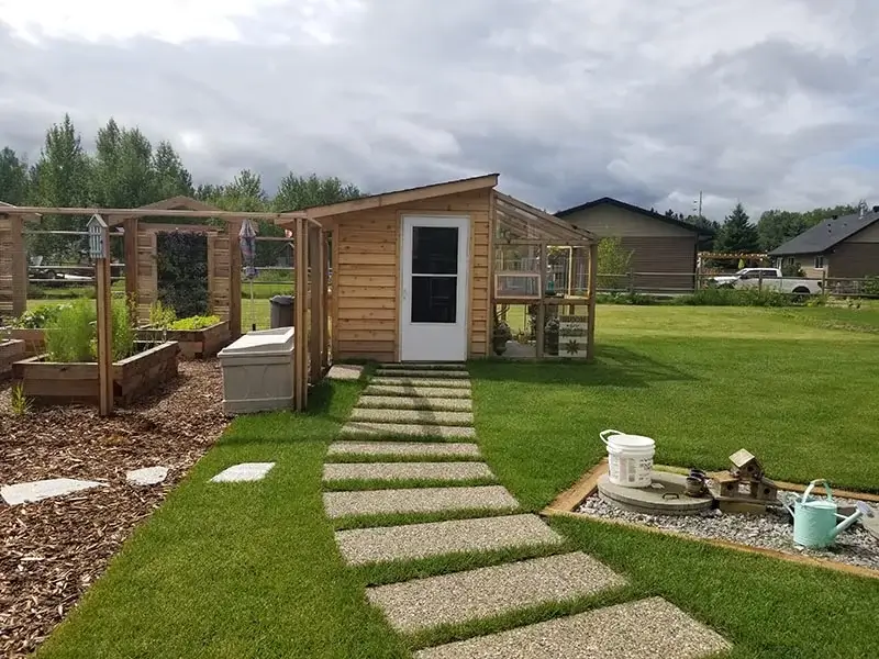 A wooden greenhouse and garden shed with a curved stone paver walkway and raised garden beds.