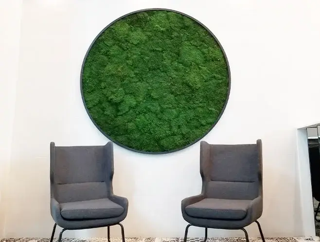 Large circular preserved moss wall art in a black frame mounted between two grey lounge chairs in a minimalist office.