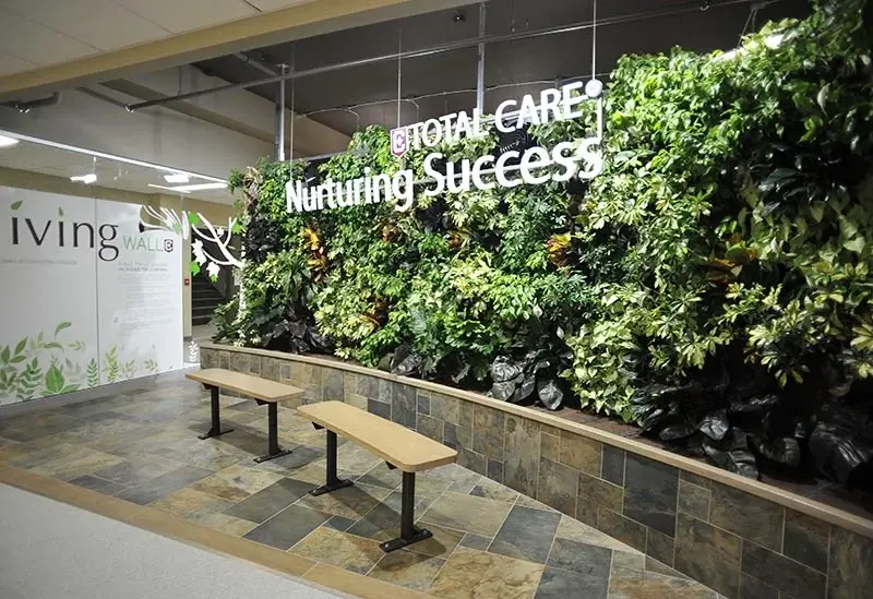 A large indoor living wall with "Total Care Nurturing Success" signage above wooden benches.