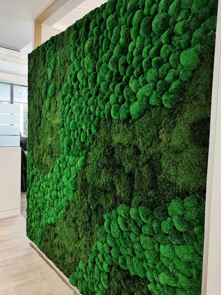 Side view of a large, lush green vertical moss wall with varied textures and patterns installed in a modern office interior.