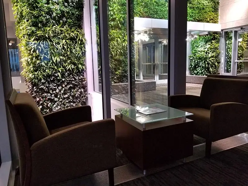 A modern indoor seating area with two dark armchairs and a glass-top table, surrounded by lush vertical living walls.