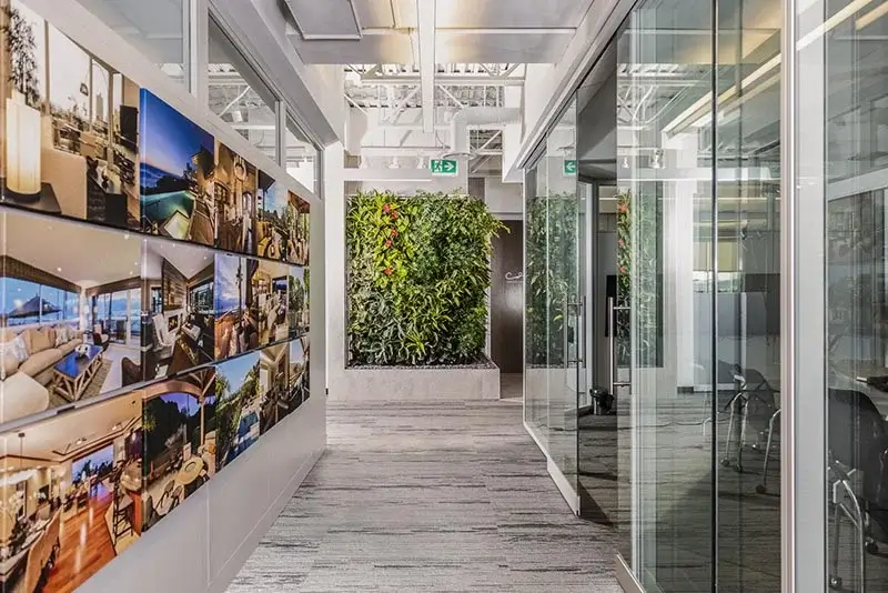 A bright office hallway with a wall of project photos leading to a lush vertical garden at the end.