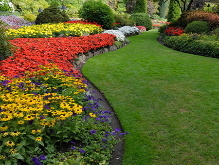 Vibrant flower beds and manicured green lawn by Landscaping in Edmonton