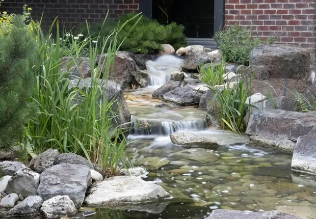 Natural backyard waterfall with flowing water, rocks, and lush greenery.