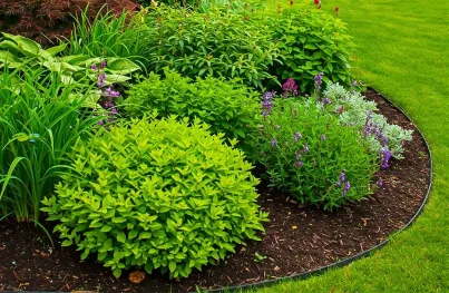 A garden bed with various green perennials and purple flowers.