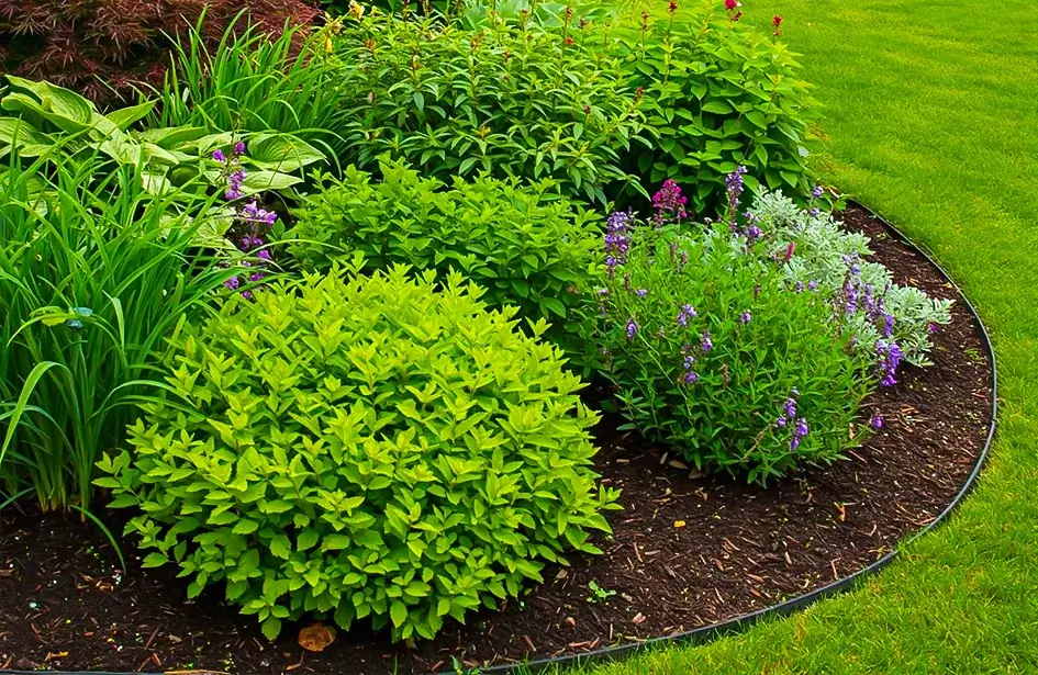 A garden bed with various green perennials and purple flowers.