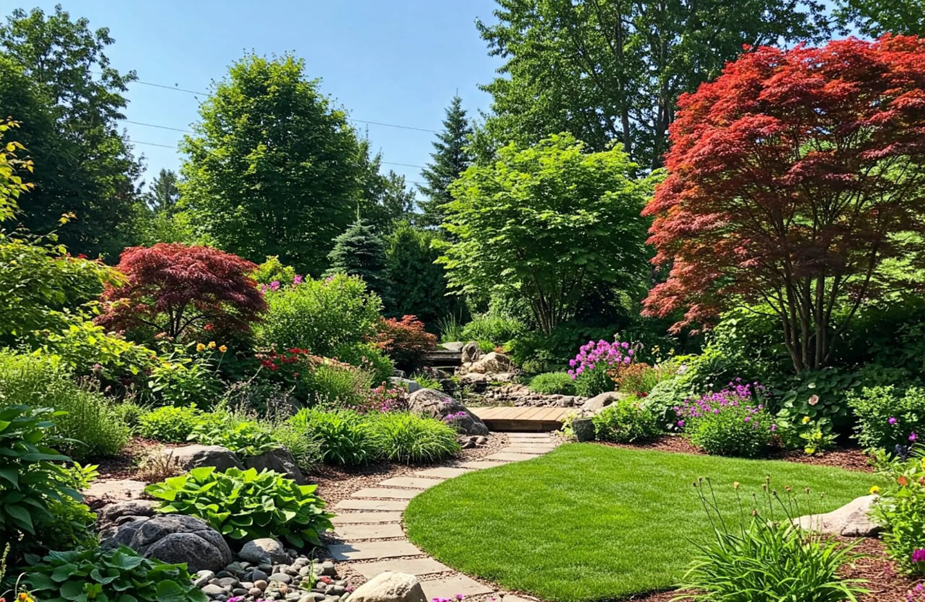 Lush garden with stone path and diverse plants.