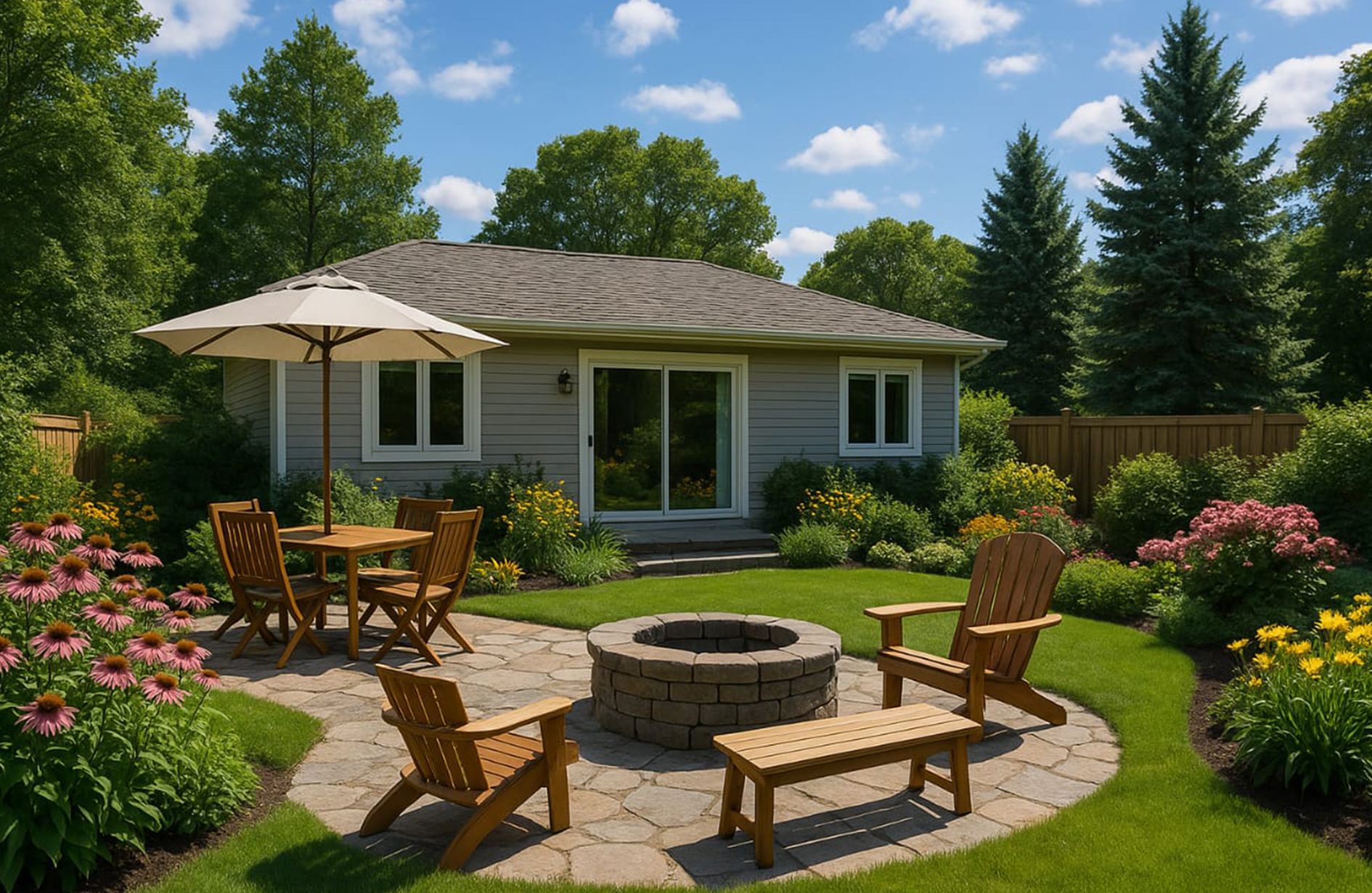 Backyard patio with fire pit and garden.