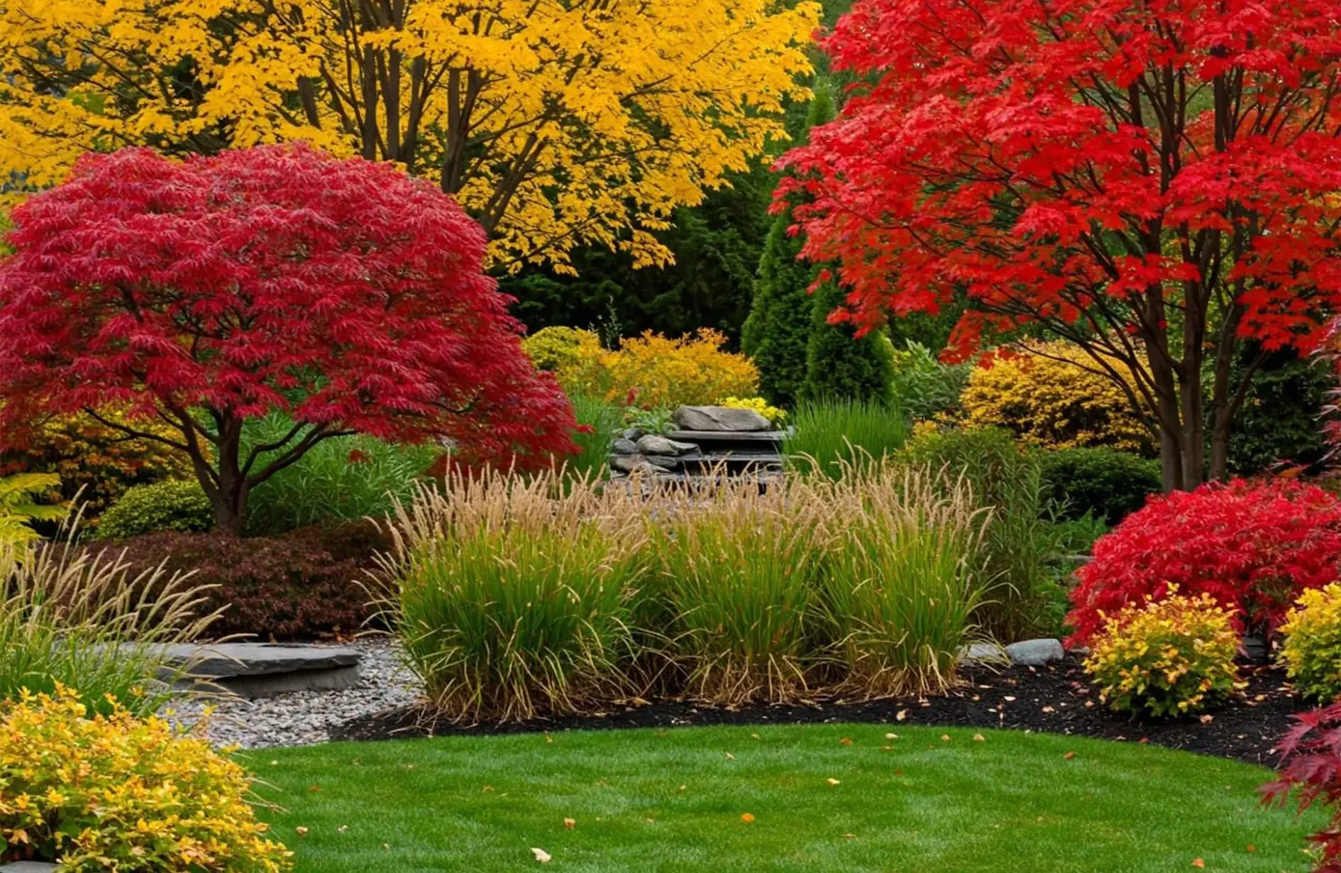 Colorful autumn garden with red and yellow trees and ornamental grasses.