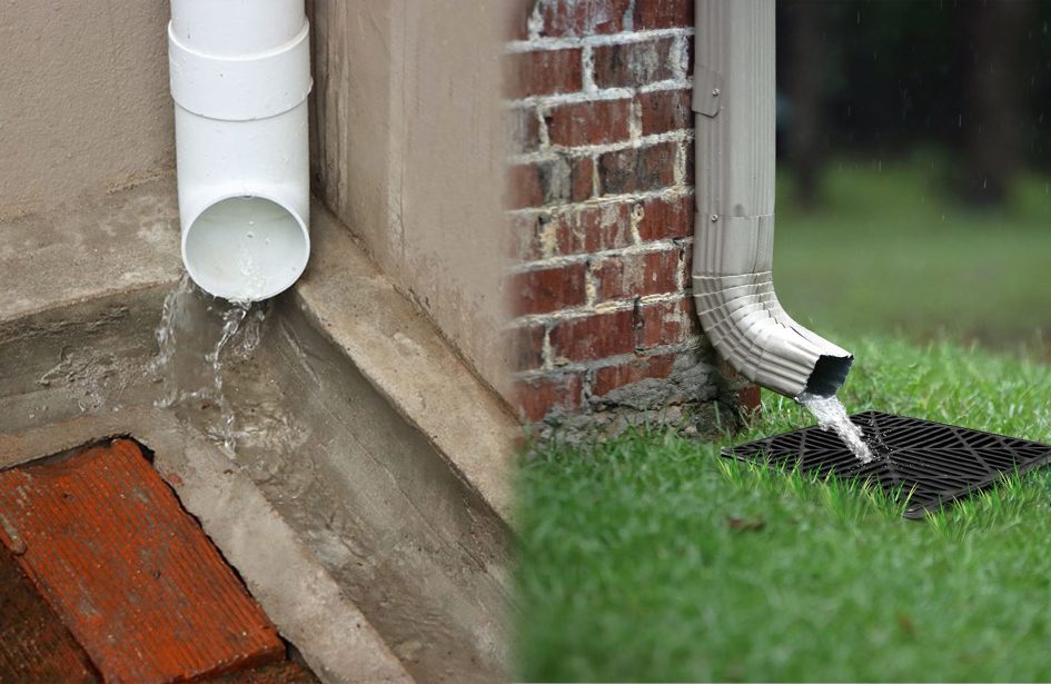Yard drainage solution for Edmonton landscape with overflow downspout on the left and drained gutter with grate on the right.