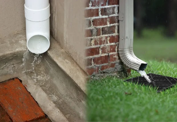 Downspout directing rainwater into a yard drainage grate to prevent water pooling and foundation damage in Edmonton