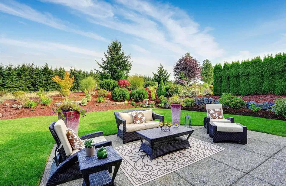 Beautiful backyard patio and garden designed by a top landscape design company Edmonton