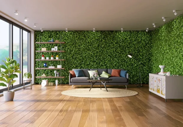 A modern living room featuring a lush green vertical garden wall, wooden flooring, and a gray sofa.