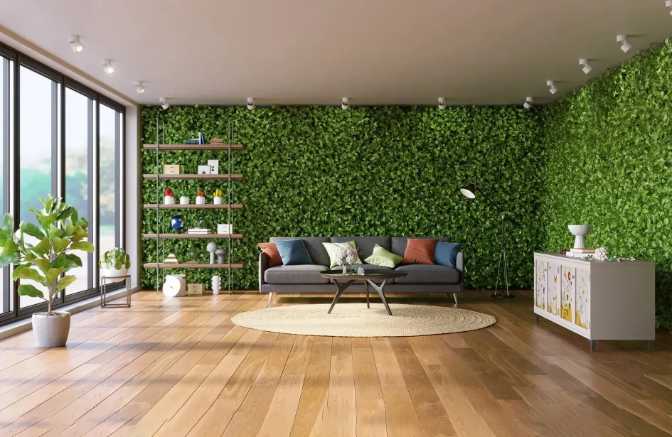 A modern living room featuring a lush green vertical garden wall, wooden flooring, and a gray sofa.