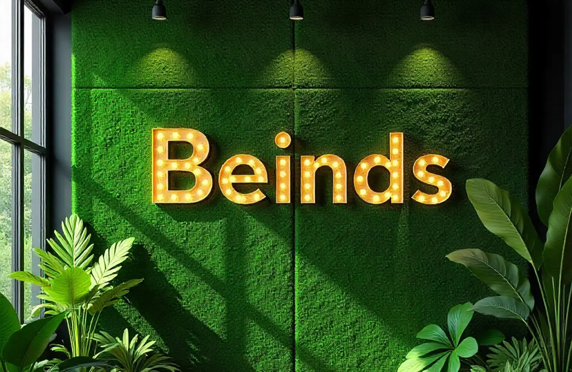 Stylish Edmonton interior with moss wall decor and 'Beinds' sign.
