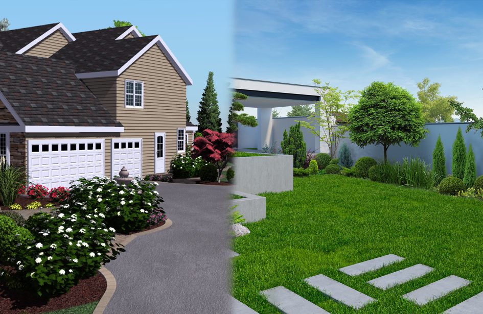 3D landscape design of a house with driveway and garden, plus a minimalist backyard with lawn and stepping stones in Edmonton.