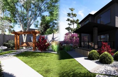 Edmonton backyard with pergola, green lawn, modern house, and 3D landscape design elements.