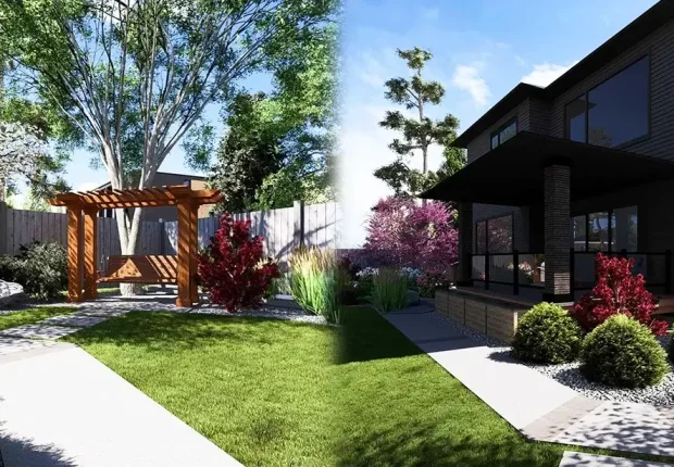Edmonton backyard with pergola, green lawn, modern house, and 3D landscape design elements.