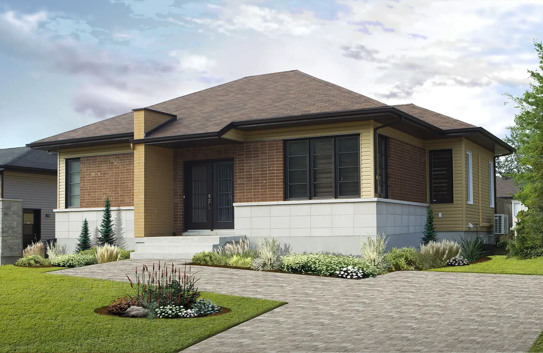 Modern single-story home with stone driveway, garden beds, and ornamental trees showcasing modern landscape design Edmonton.