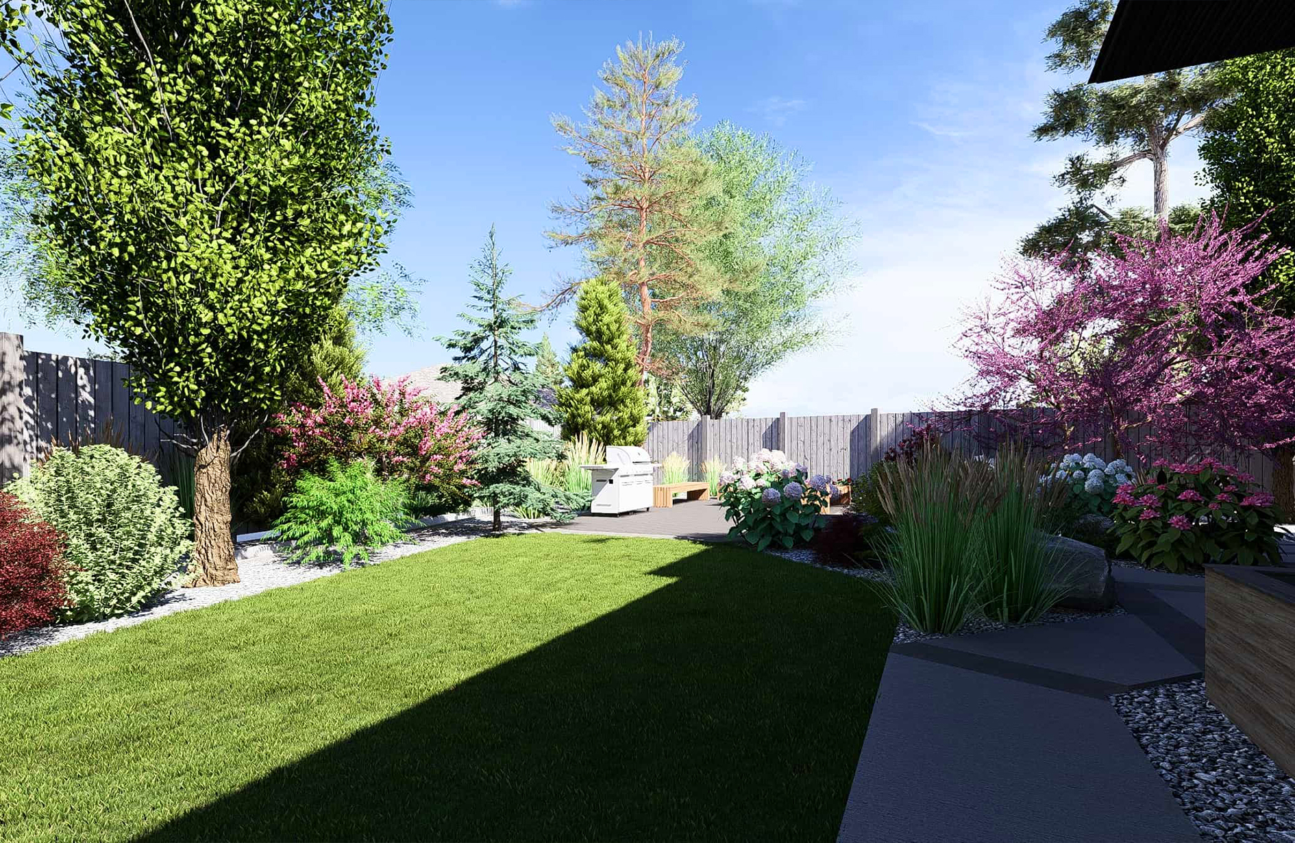 Edmonton backyard with green lawn, flowering plants, patio seating, & 3D garden layout.