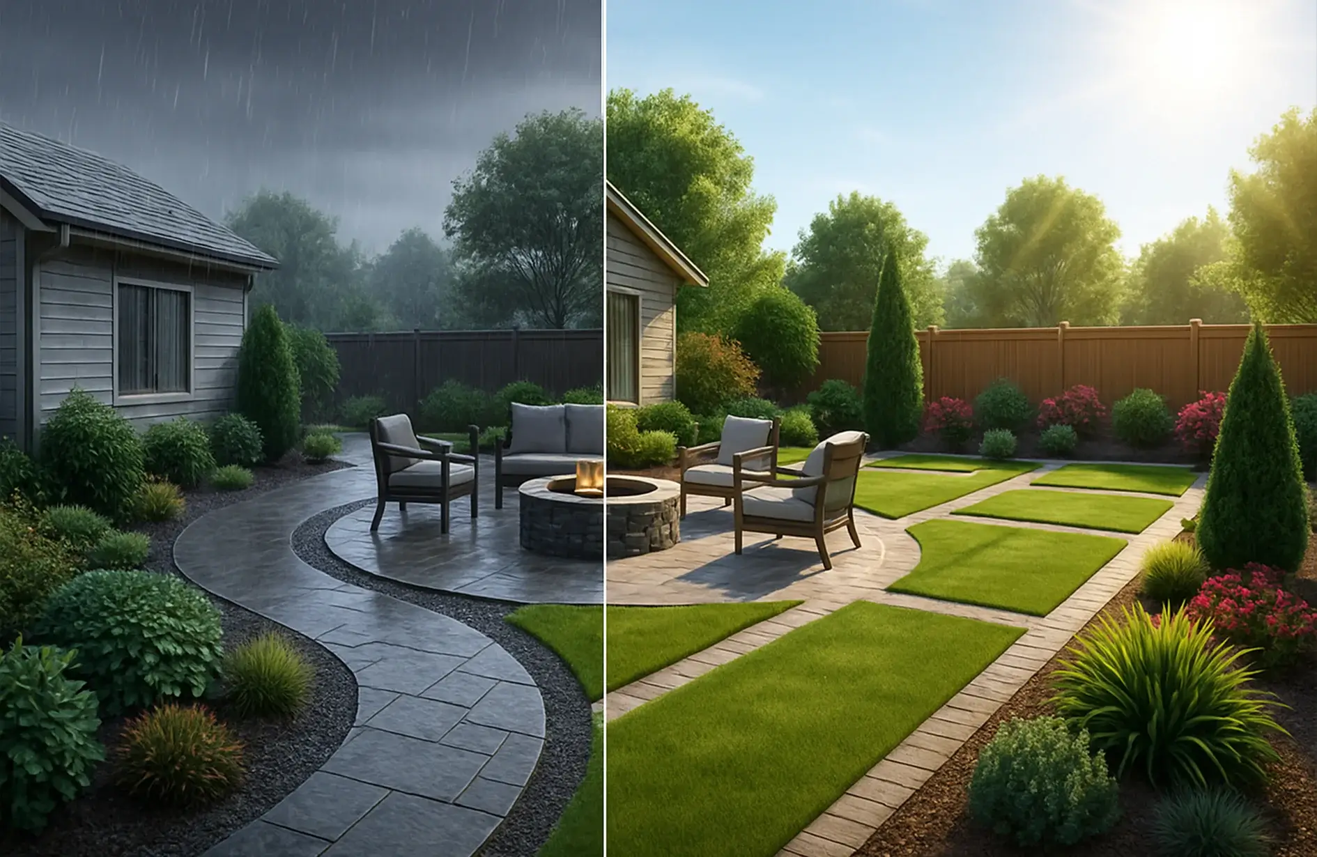 3D landscape design in Edmonton showing backyard transformation from rain to sunshine