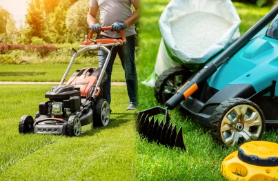 Lawn care in Edmonton with mowing, fertilizing, and raking tools