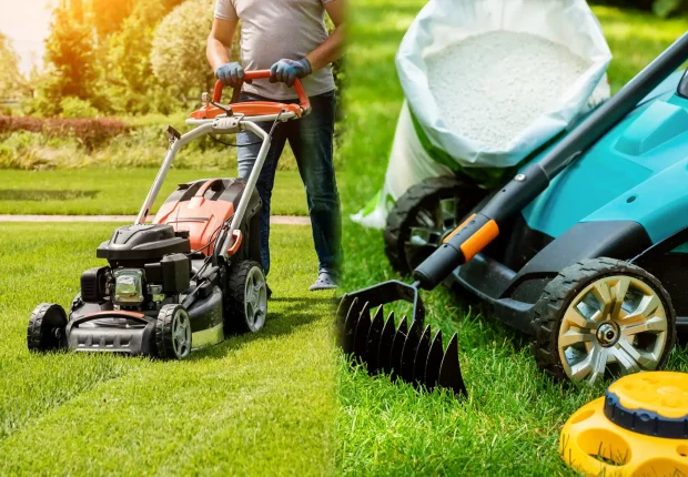 Lawn care in Edmonton with mowing, fertilizing, and raking tools