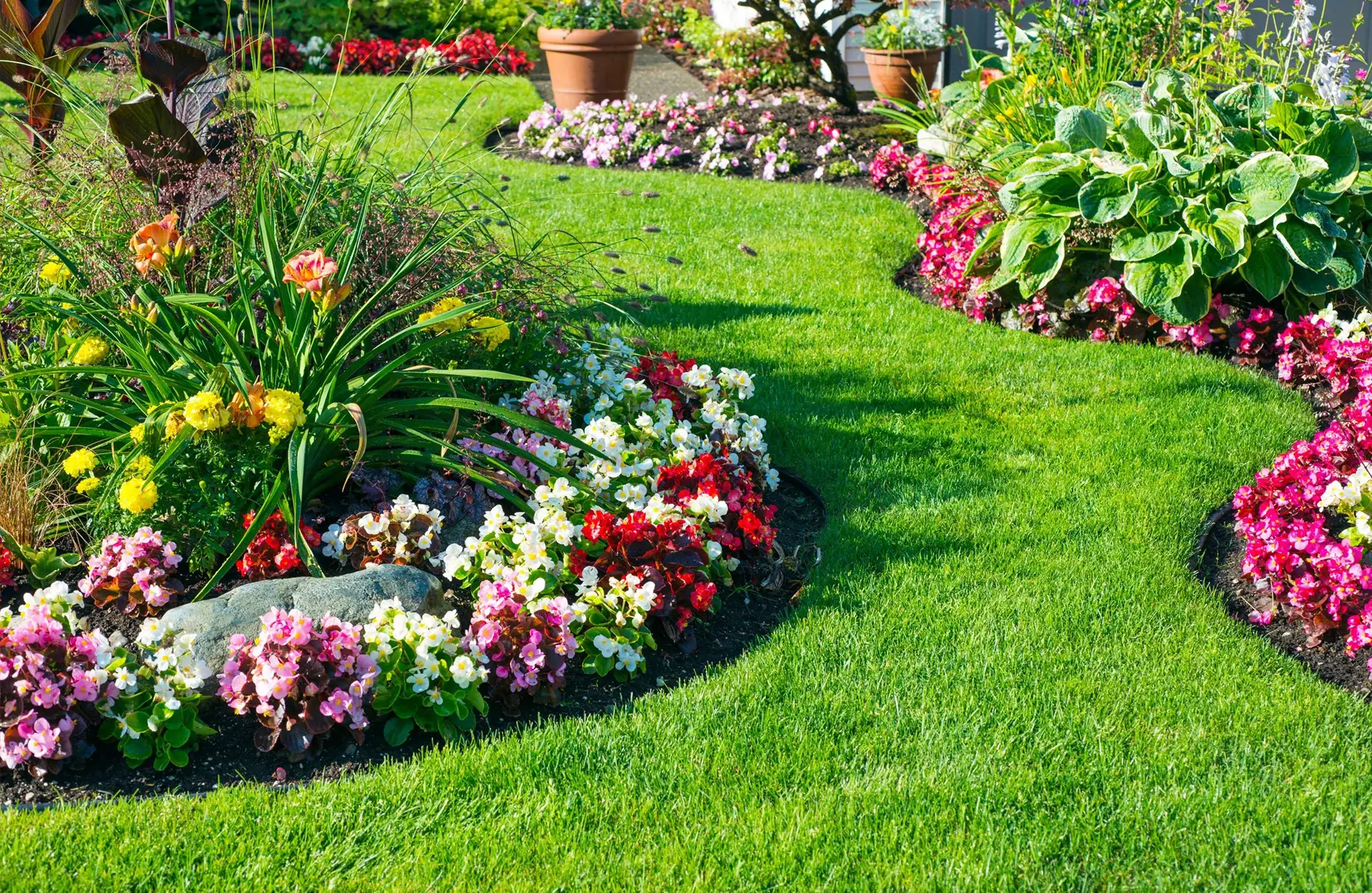 Curved flower beds with colorful blooms, lush grass, and rock borders showcasing modern landscape design.