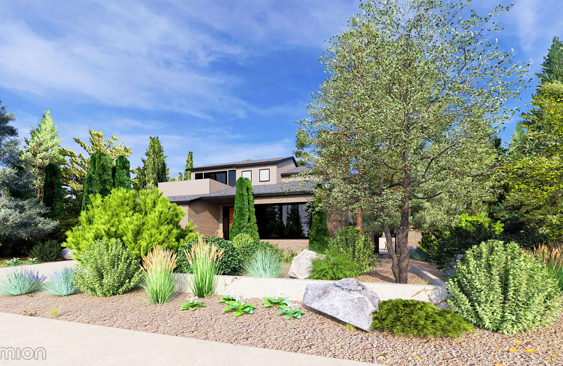 Edmonton xeriscape yard with drought-tolerant plants, modern house, & mature tree.