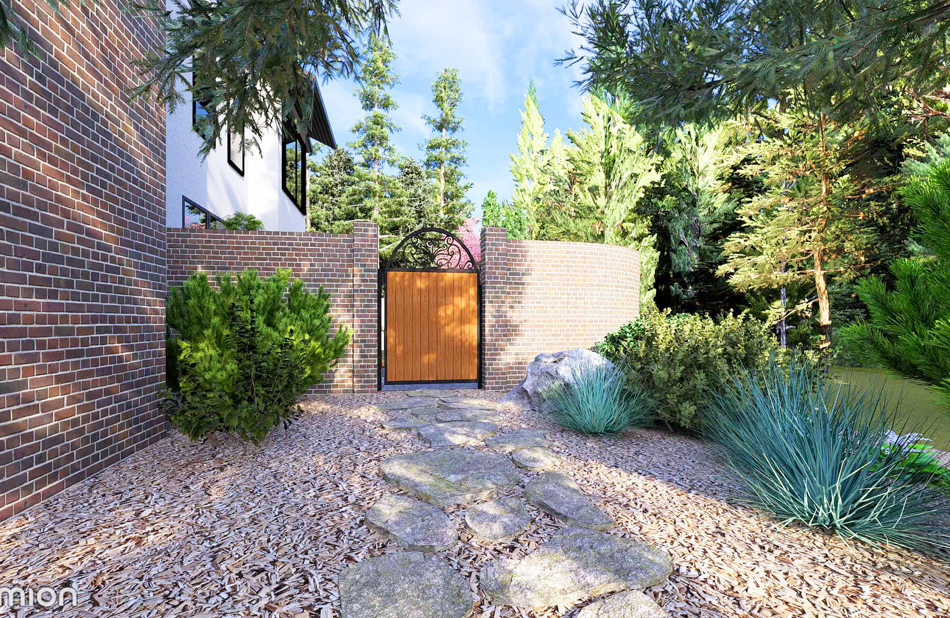Edmonton garden path with stone slabs, brick gate, greenery, and curved wall.