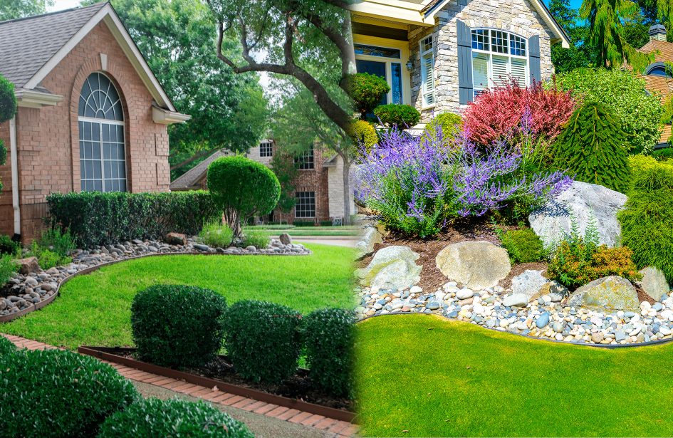 Layered garden beds and stone borders featuring landscaping materials Edmonton homeowners prefer.