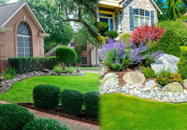 Professional landscaping services can transform a standard lawn into a stunning garden with decorative rocks and diverse plant life.